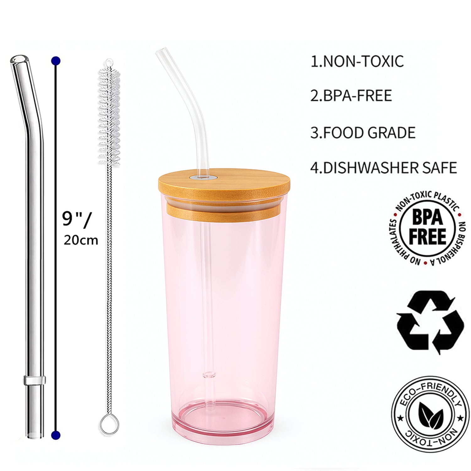 16oz Acrylic Sipper Tumbler with Bent Straw – BPA Free, Airtight Wooden Lid, Crystal Clear Body – Durable & Stylish Cup for Home, Office, Picnic, Outdoor Parties