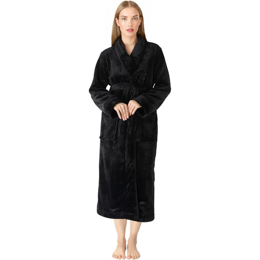 Premium Women's Plush Long Bathrobe - Soft Warm Fleece Robe with Shawl Collar for Spa & Home