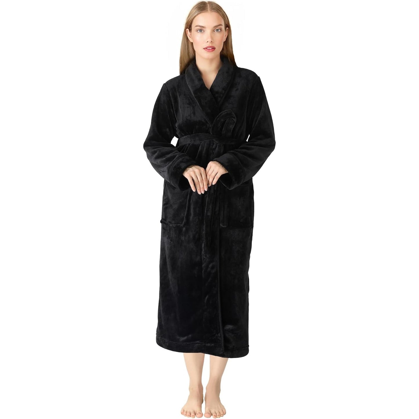 Premium Women's Plush Long Bathrobe - Soft Warm Fleece Robe with Shawl Collar for Spa & Home