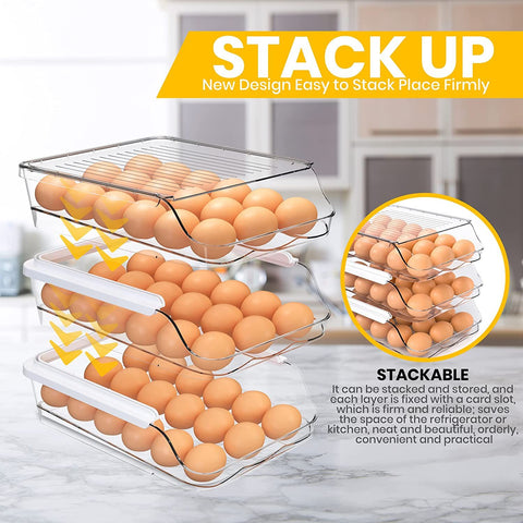 Rolling Egg Container for Refrigerator with Lid: Stackable Plastic Egg Holder