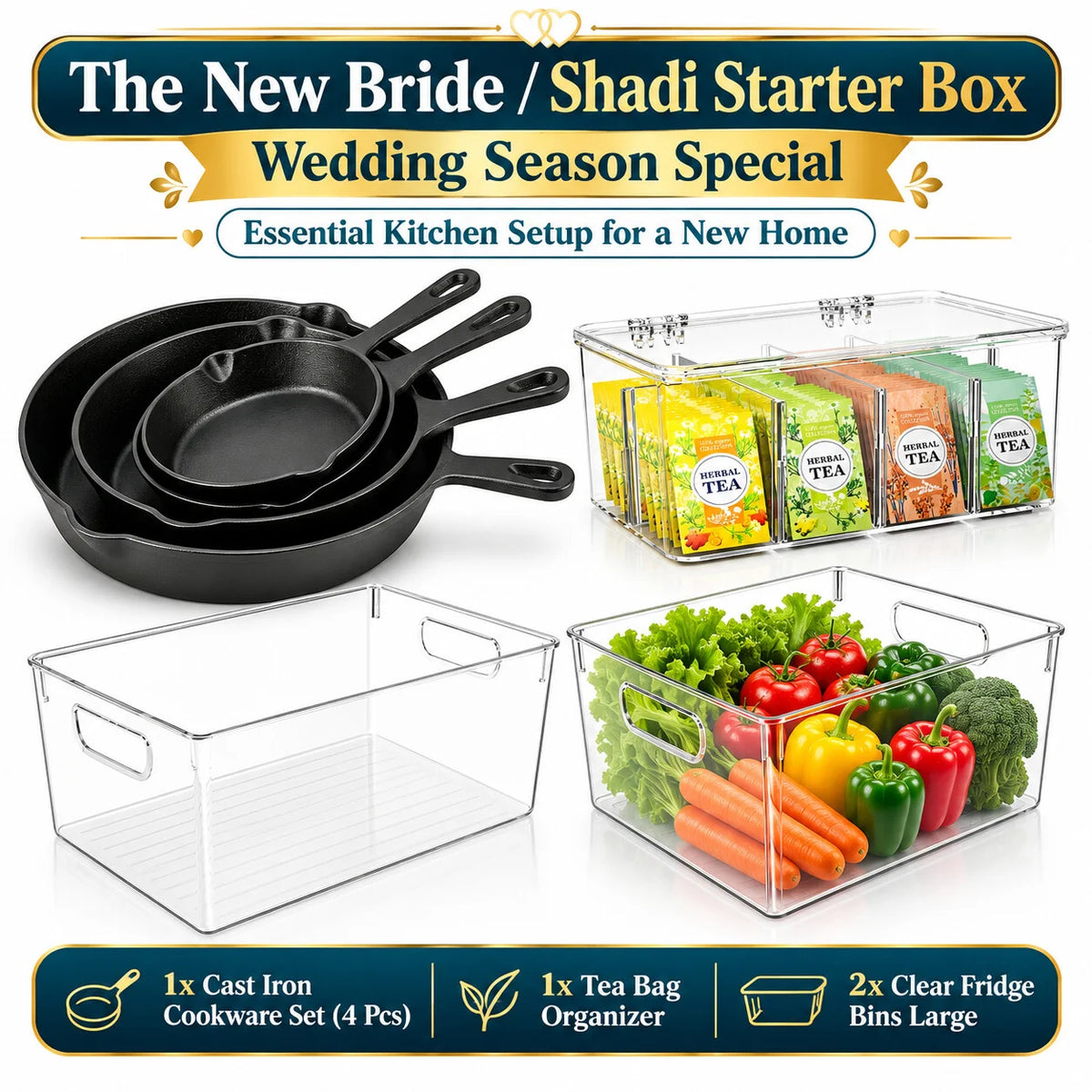 New Bride & Shadi Starter Box | 4-Piece Cast Iron Set, Tea Organizer & 2 Large Clear Bins