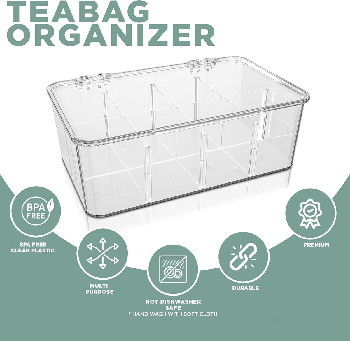 Tea Bag Organizer Stackable with Clear Top Lid, Kitchen Cabinet Pantry Storage Box for Tea Bags & Coffee Pods