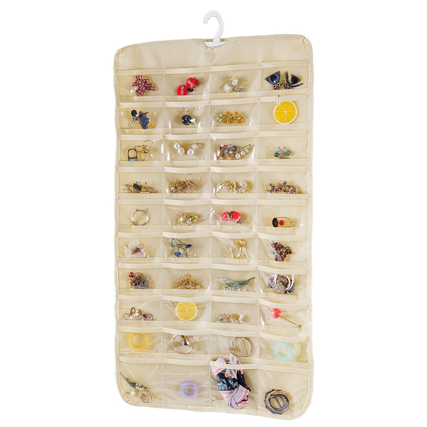 Efficient Hanging Jewelry Organizer with Embossed Pattern and 28 Clear PVC Pockets: Organize Your Jewelry in Style