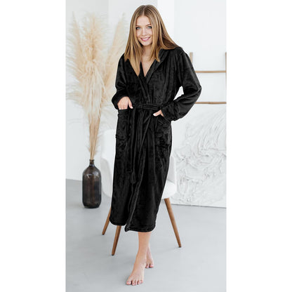 Premium Women's Plush Long Bathrobe - Soft Warm Fleece Robe with Shawl Collar for Spa & Home
