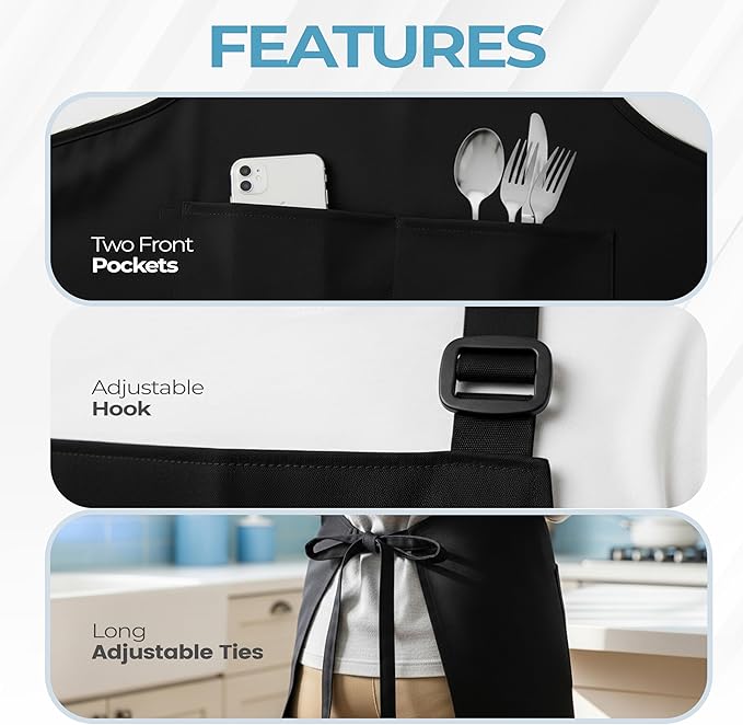 Apron with 2 Pockets Adjustable Bib & Neck Strap with Extra Long Ties Pack of 2