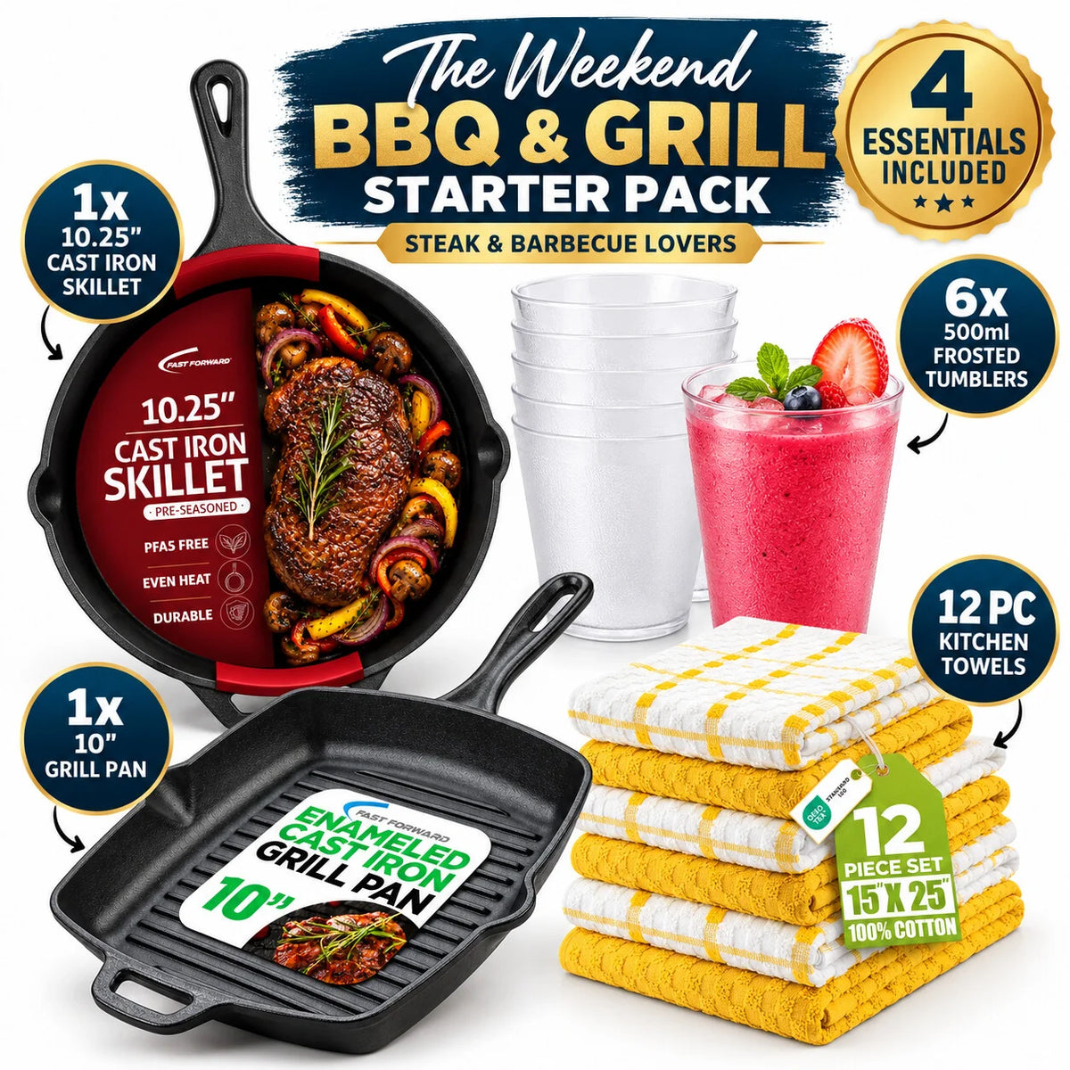 Weekend BBQ & Grill Starter Bundle | 10.25-Inch Skillet, 10-Inch Grill Pan, 6 Tumblers & 12 Towels