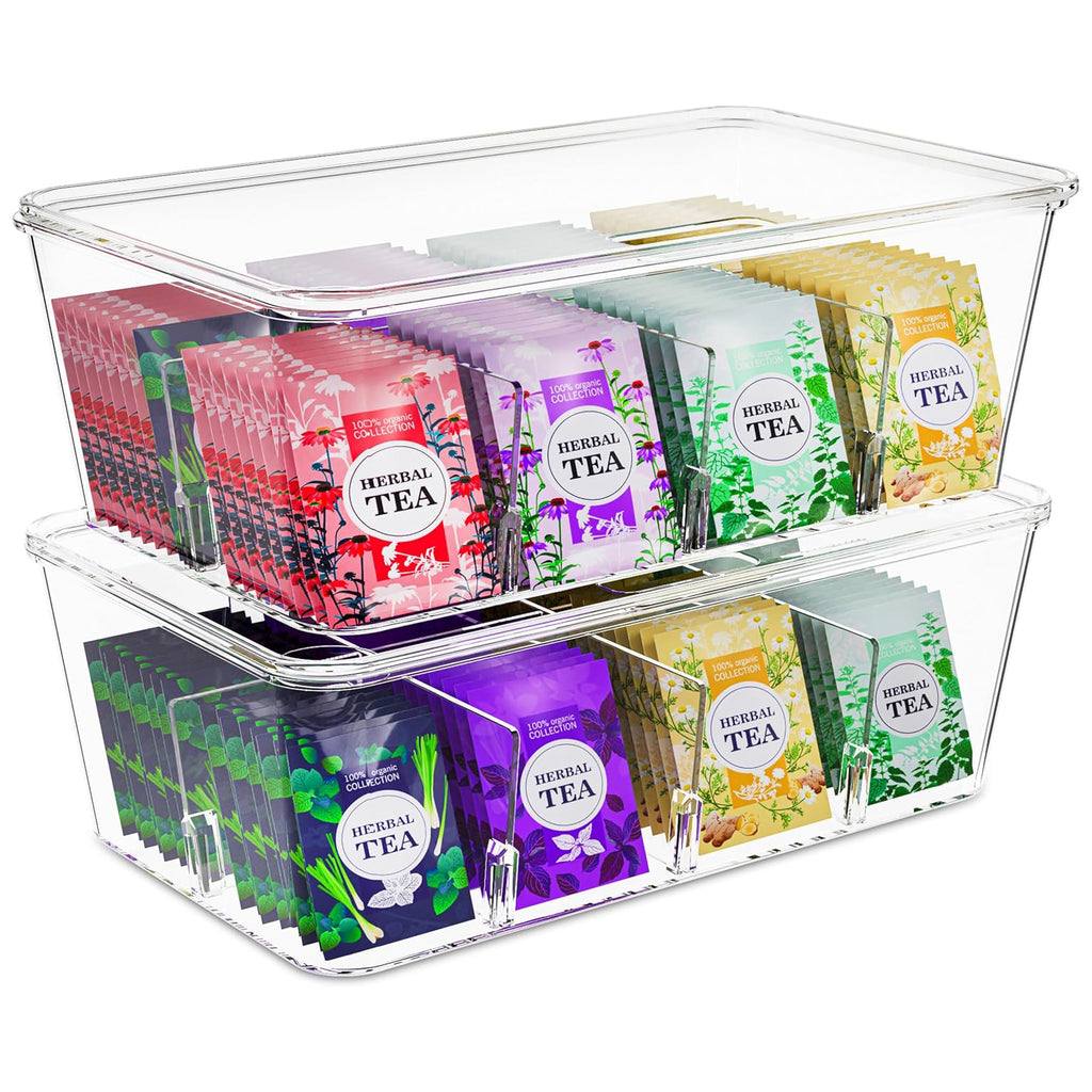 Tea Bag Organizer Stackable with Clear Top Lid Kitchen Cabinets Pantry