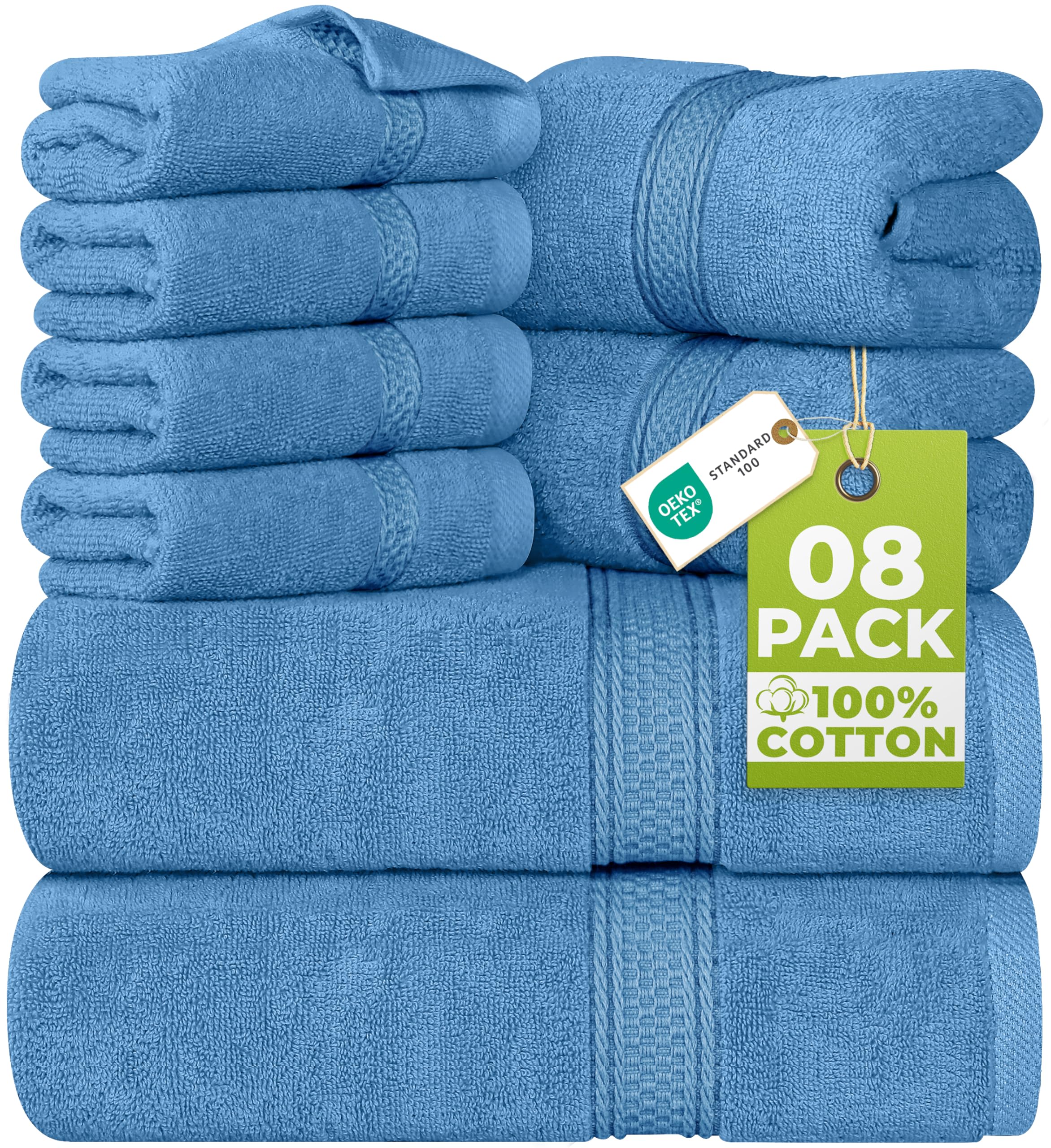 8 Piece Towel Set - 2 Bath Towels, 2 Hand Towels and 4 Washcloths Cotton Hotel Quality Super Soft and Highly Absorbent Fast Forward