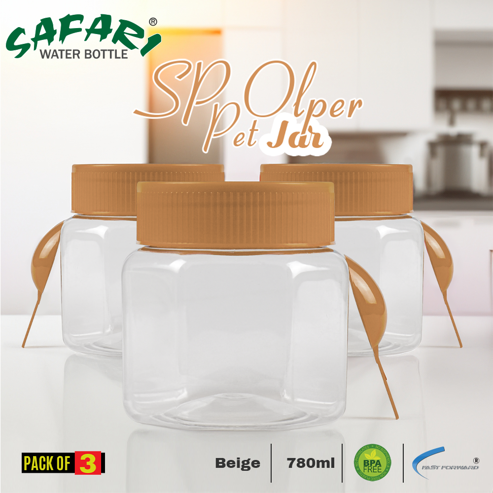 Safari Premium Clear Plastic Spice Jars 3-Pack - 780ml Large Containers | Refillable Screw Lid with 3 Plastic Spoons Safari Bottles