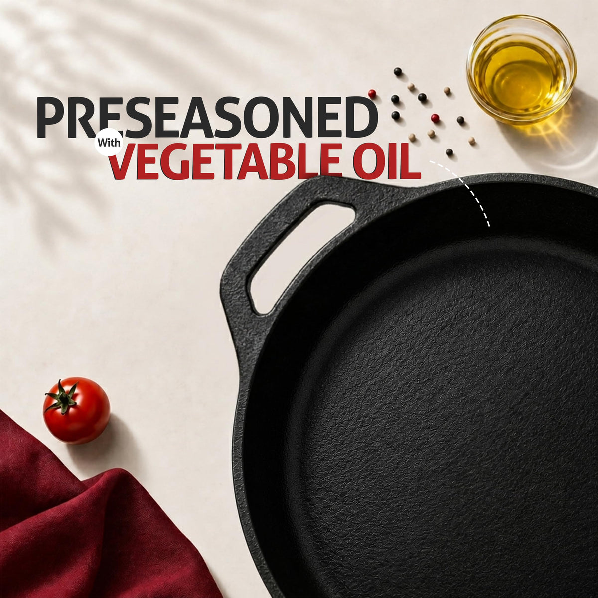 Pre-Seasoned Cast Iron Skillet Fry Pan, Heavy Duty Chef Pan for Gas, Induction, Oven & Outdoor Cooking