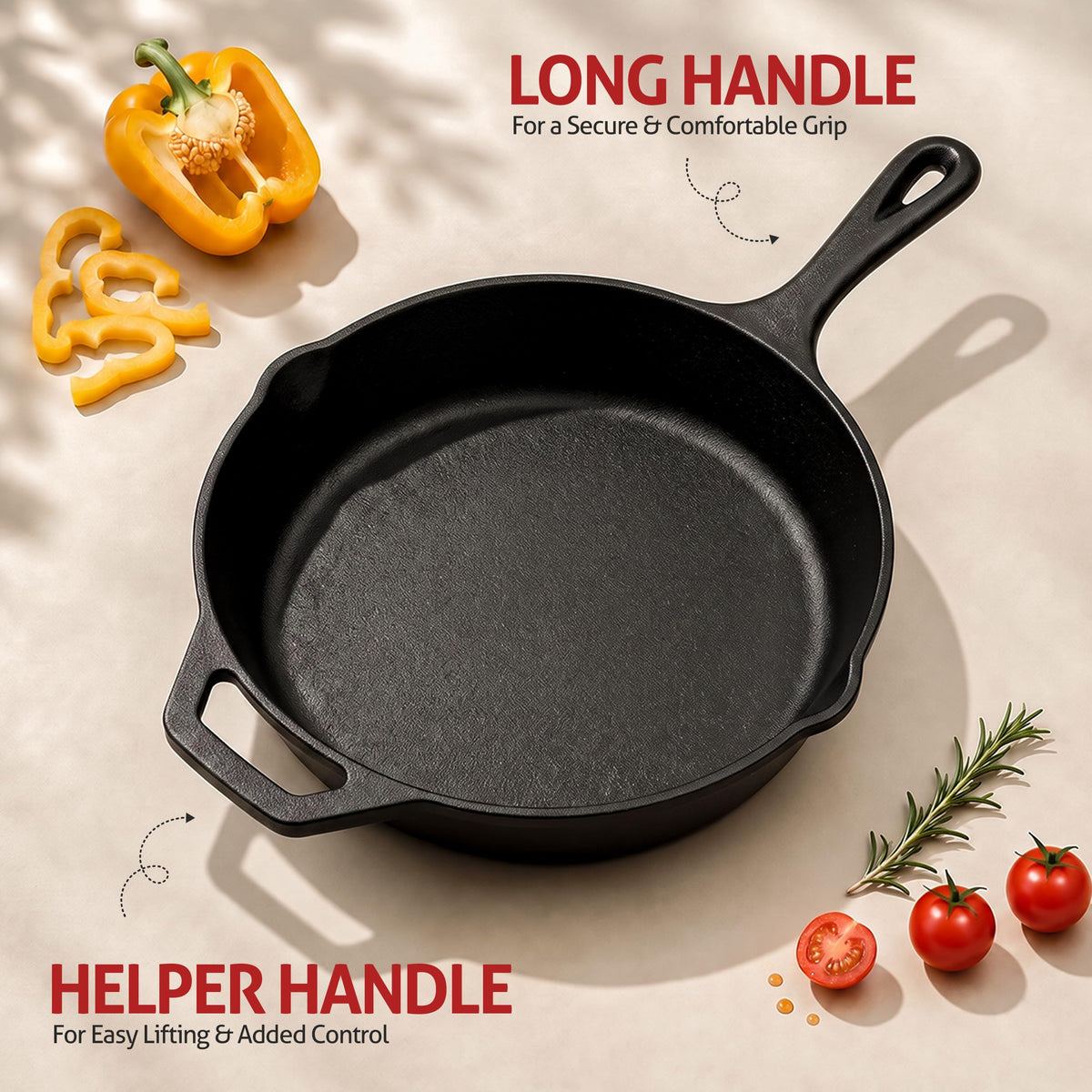 Pre-Seasoned Cast Iron Skillet Fry Pan, Heavy Duty Chef Pan for Gas, Induction, Oven & Outdoor Cooking