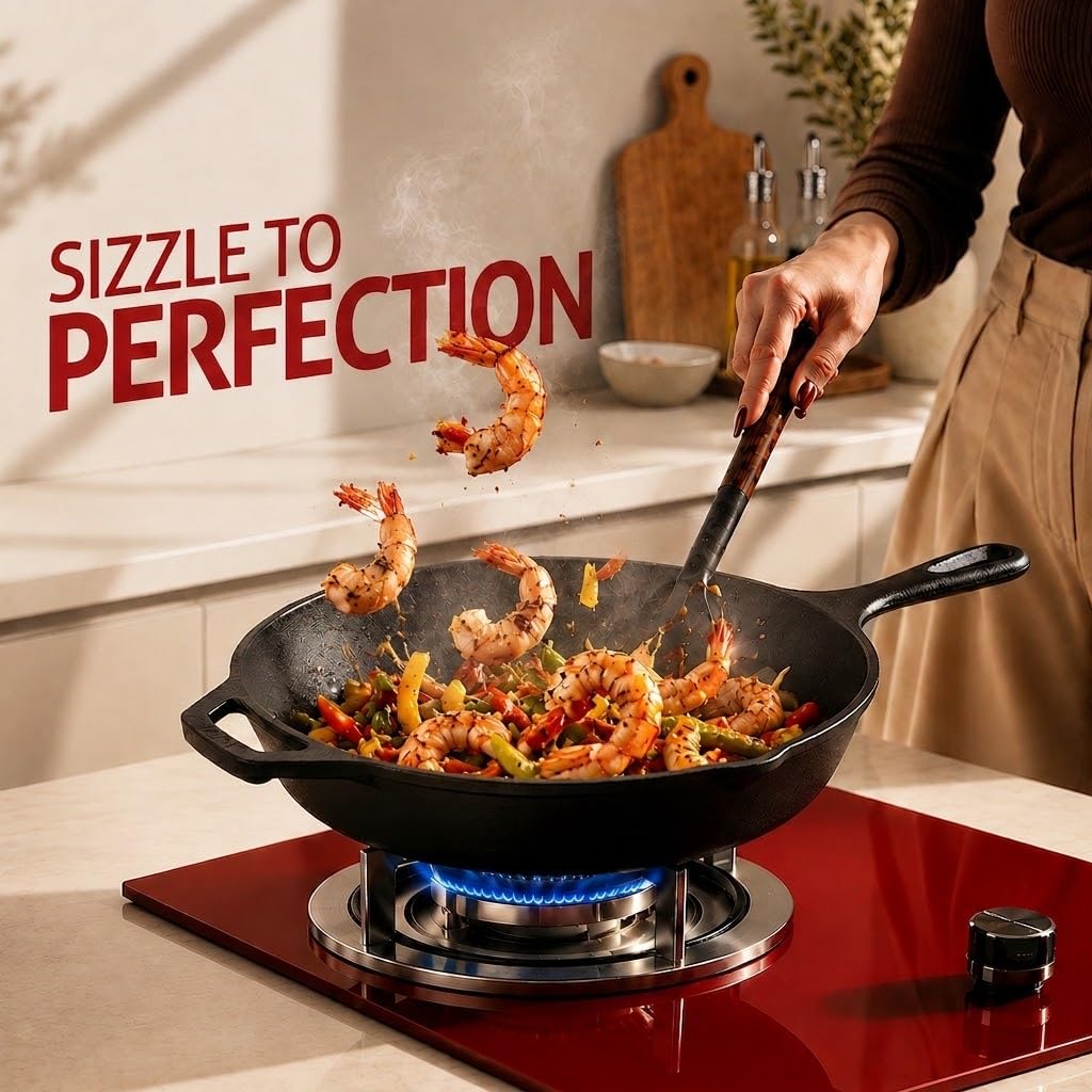 Pre-Seasoned Cast Iron Skillet Fry Pan, Heavy Duty Chef Pan for Gas, Induction, Oven & Outdoor Cooking