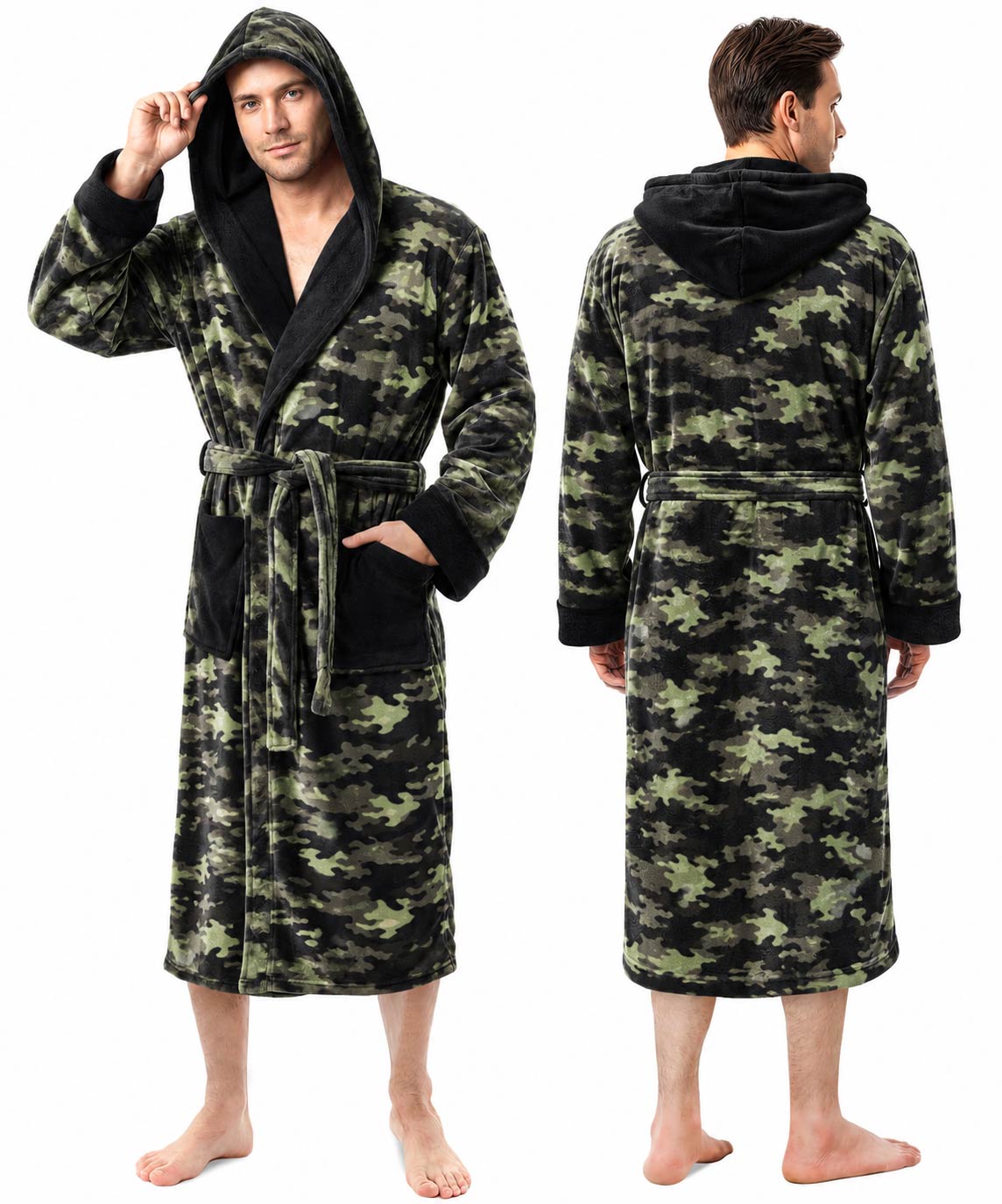 Men’s Fleece Hooded Bathrobe, Super Soft Plush Dressing Gown & Warm Loungewear for Home, Spa & Winter Use