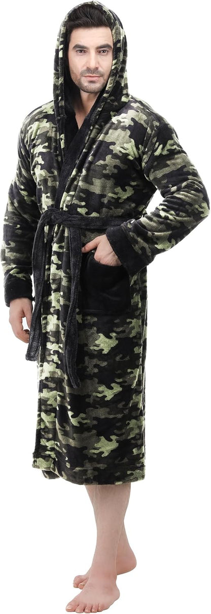 Bathrobes For Men Fleece Hooded Dressing Gown Super Soft Cozy Hooded Plush Loungewear