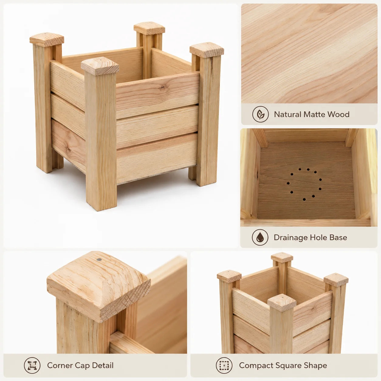 Fast Forward Square Wooden Planter Box with Drainage Holes | Natural Wood Indoor & Outdoor Decor