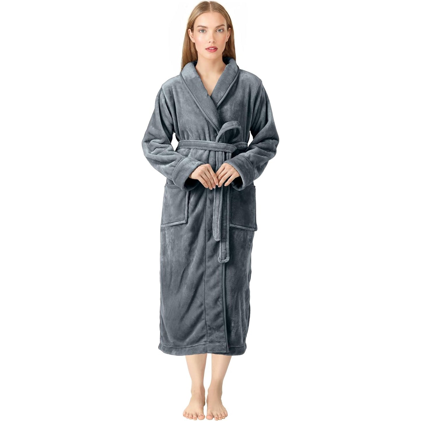 Premium Women's Plush Long Bathrobe - Soft Warm Fleece Robe with Shawl Collar for Spa & Home