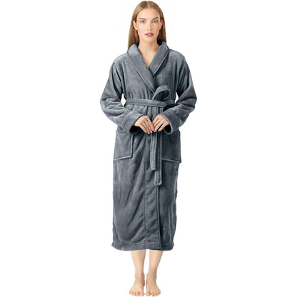 Premium Women's Plush Long Bathrobe - Soft Warm Fleece Robe with Shawl Collar for Spa & Home