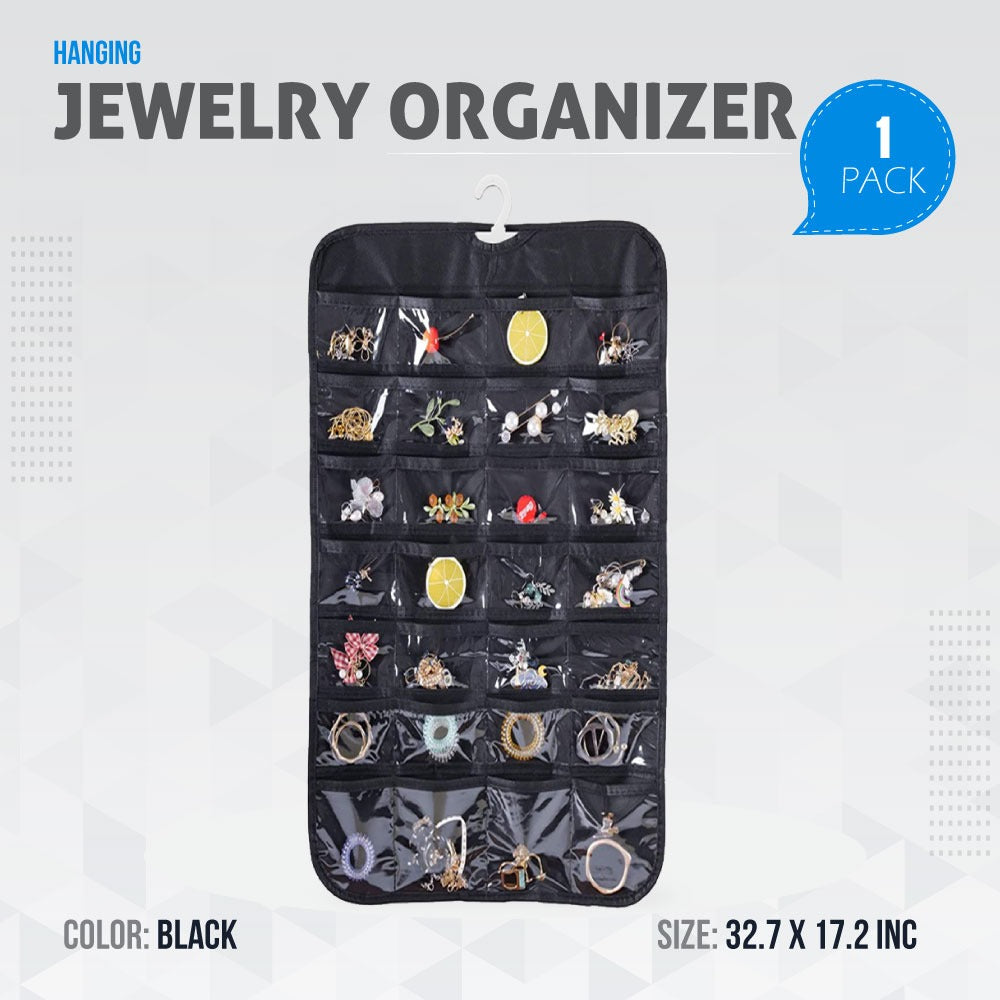 Efficient Hanging Jewelry Organizer with Embossed Pattern and 28 Clear PVC Pockets: Organize Your Jewelry in Style Fast Forward