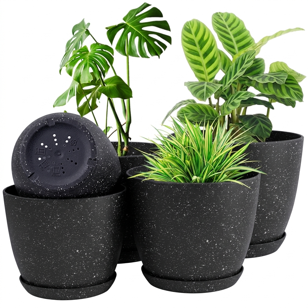 5pcs Modern Plastic Flower Pot Set with Drainage Holes and Trays for Indoor/Outdoor Plants.