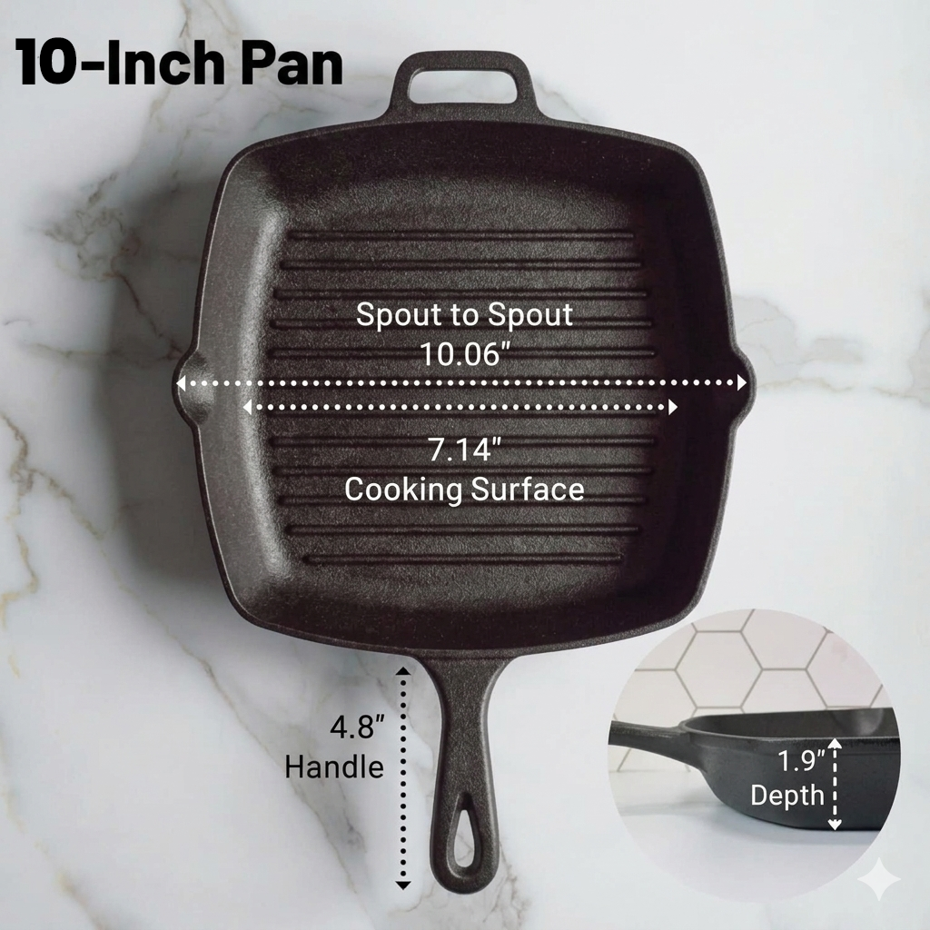 10-Inch Square Cast Iron Grill Pan – Pre-Seasoned Indoor & Outdoor Griddle Fast Forward
