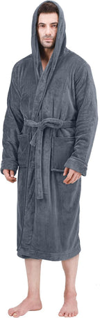 mens fleece hooded bathrobe super soft plush dressing gown home use view