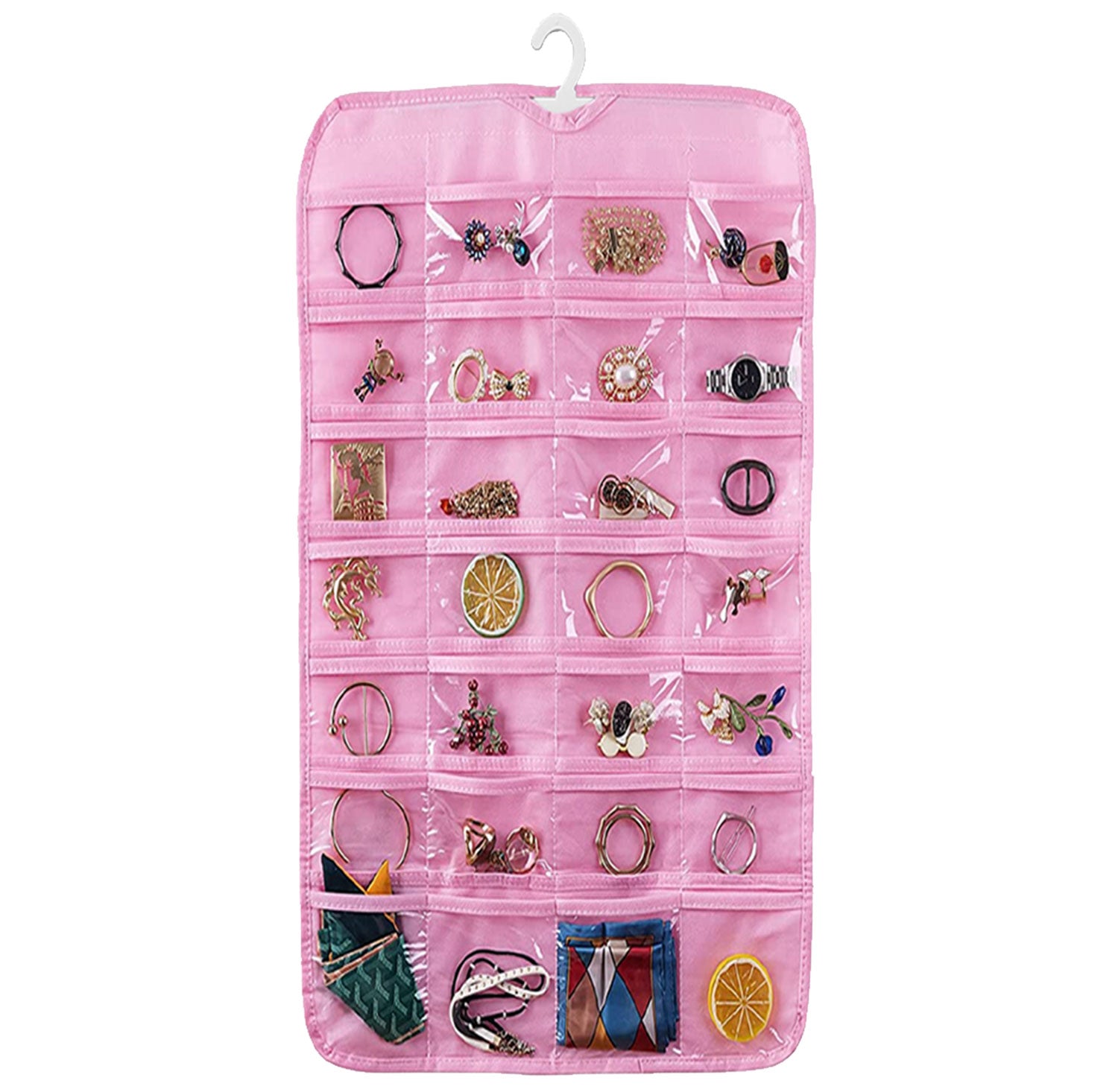 Efficient Hanging Jewelry Organizer with Embossed Pattern and 28 Clear PVC Pockets: Organize Your Jewelry in Style Fast Forward