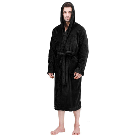 Bathrobes For Men Fleece Hooded Dressing Gown Super Soft Cozy Hooded Plush Loungewear