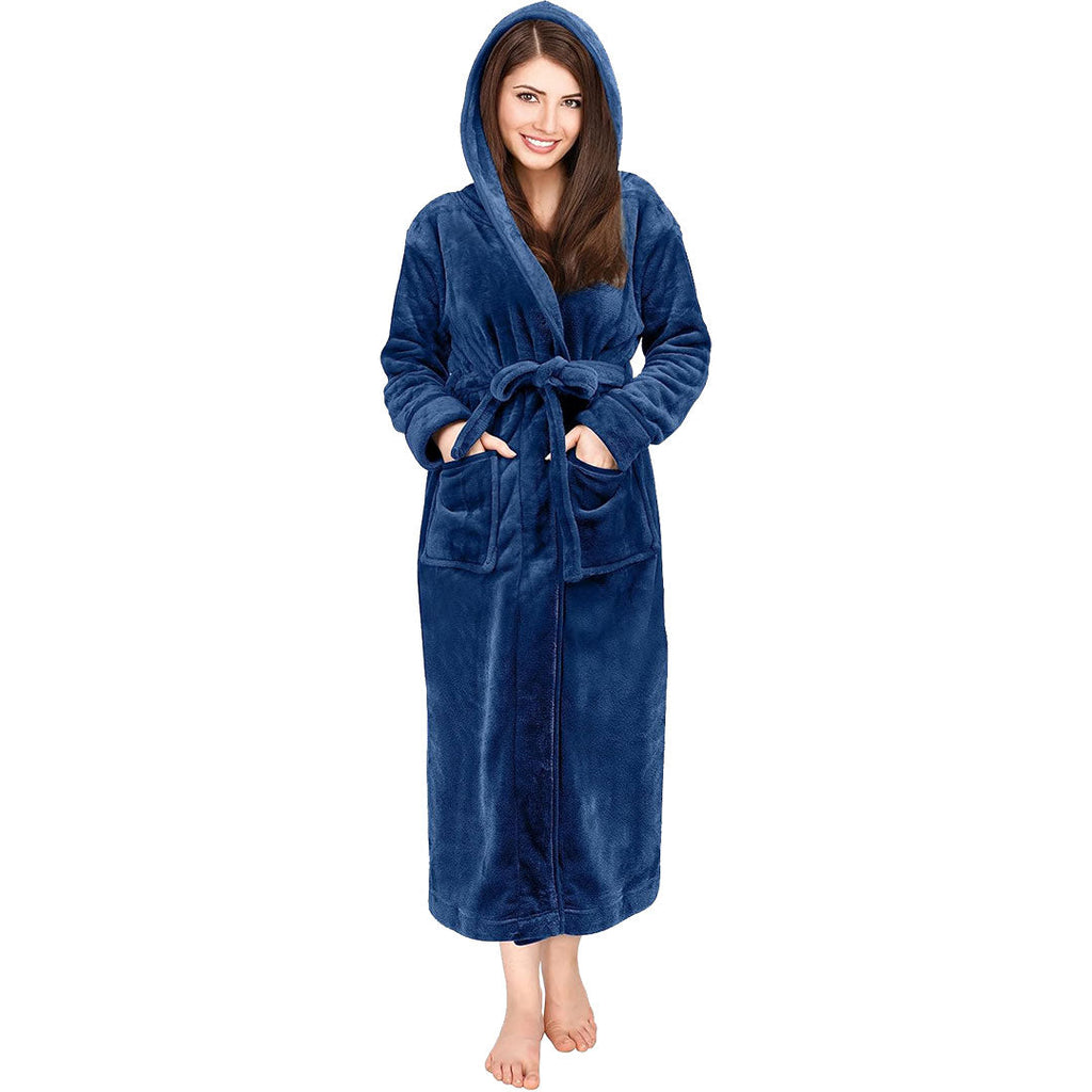 womens fleece hooded bathrobe super soft plush dressing gown close up