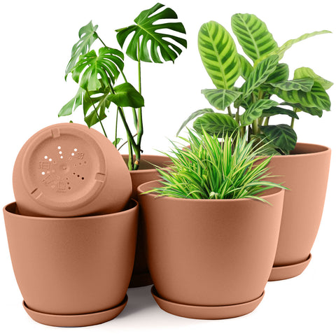 5pcs Plastic Flower Pot Set, 5 Sets Of 7/6.6/6/5.3/4.8 Inch Modern Style Plastic Flower Pot With Drainage Holes And Trays For Indoor And Outdoor Potted Plants, Such As Succulent, Snake Plant, Violets, Etc