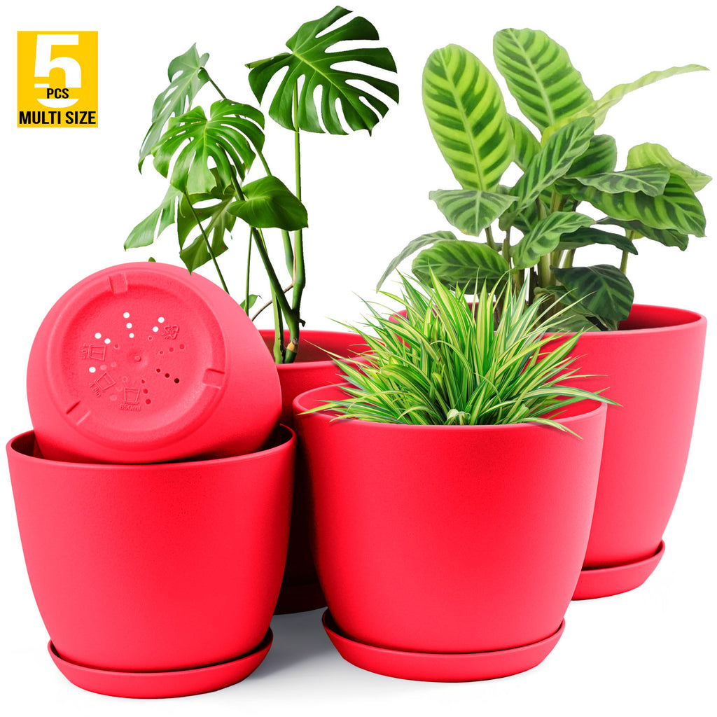 5pcs modern plastic flower pot set with drainage holes and trays size view