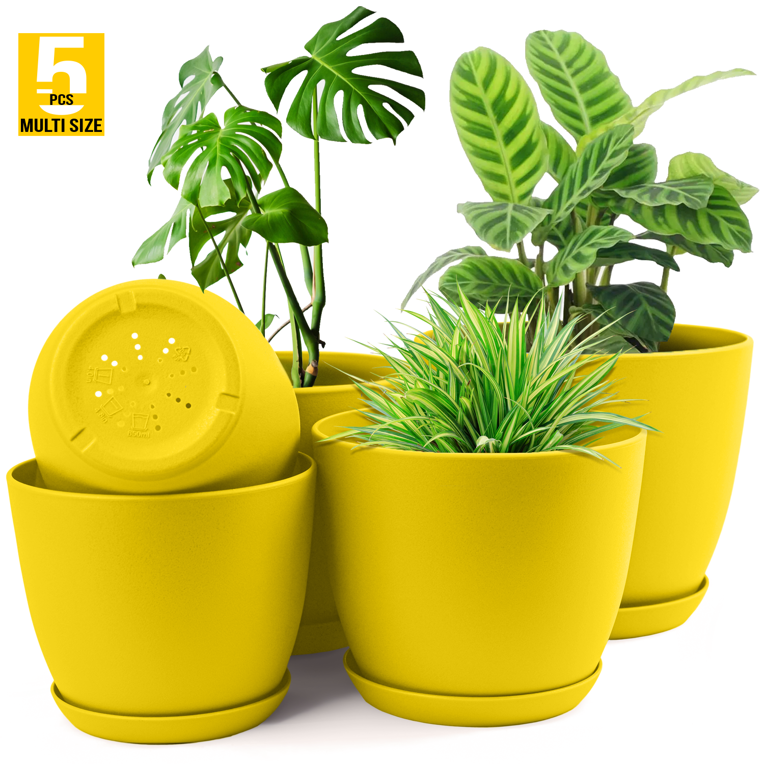 5pcs Modern Plastic Flower Pot Set with Drainage Holes and Trays for Indoor/Outdoor Plants.