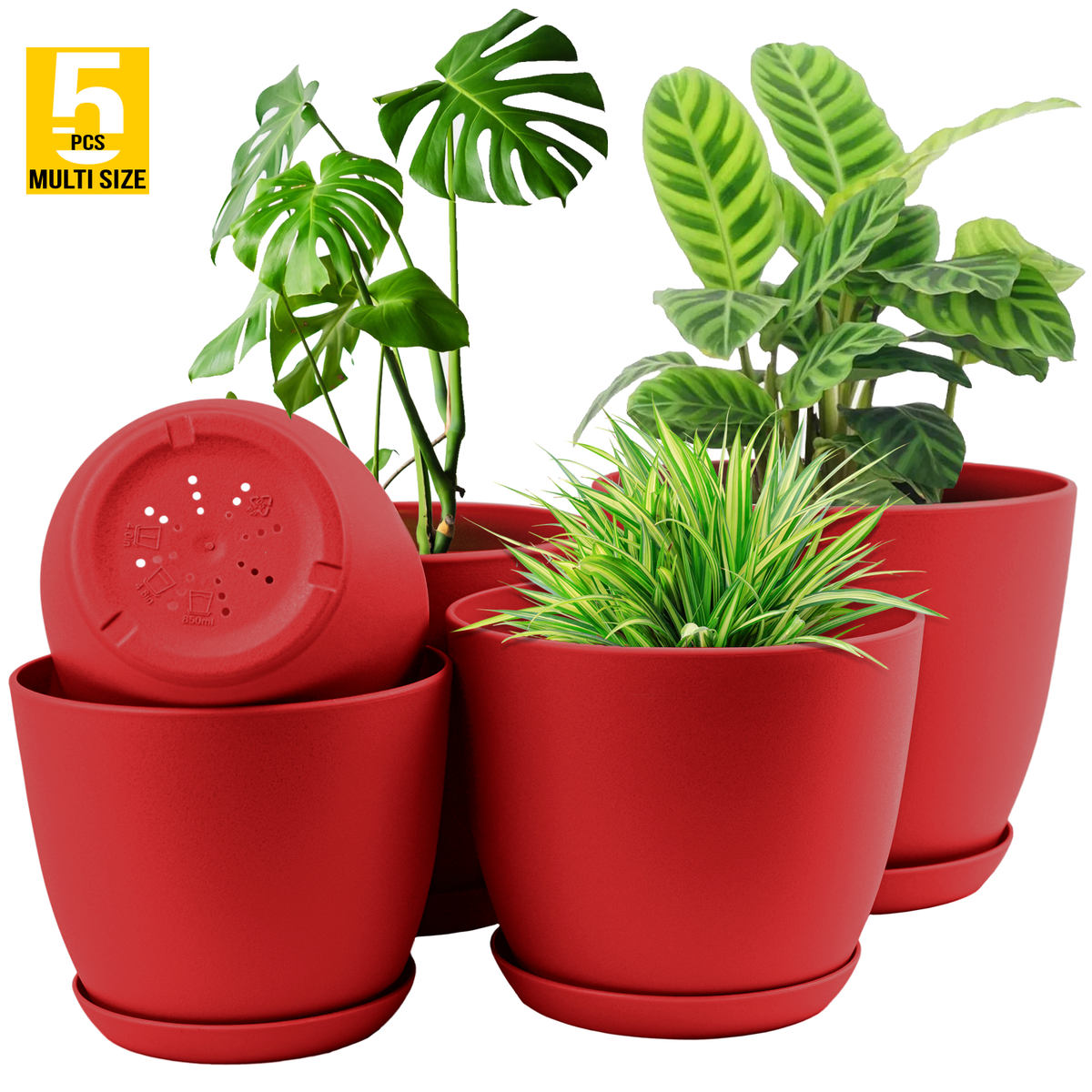 5pcs Modern Plastic Flower Pot Set with Drainage Holes and Trays for Indoor/Outdoor Plants.
