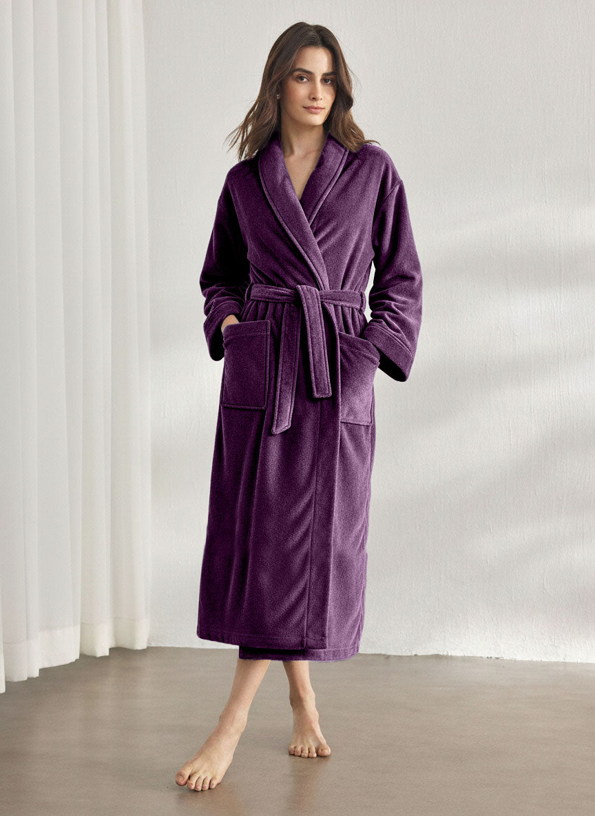Premium Women's Plush Long Bathrobe - Soft Warm Fleece Robe with Shawl Collar for Spa & Home