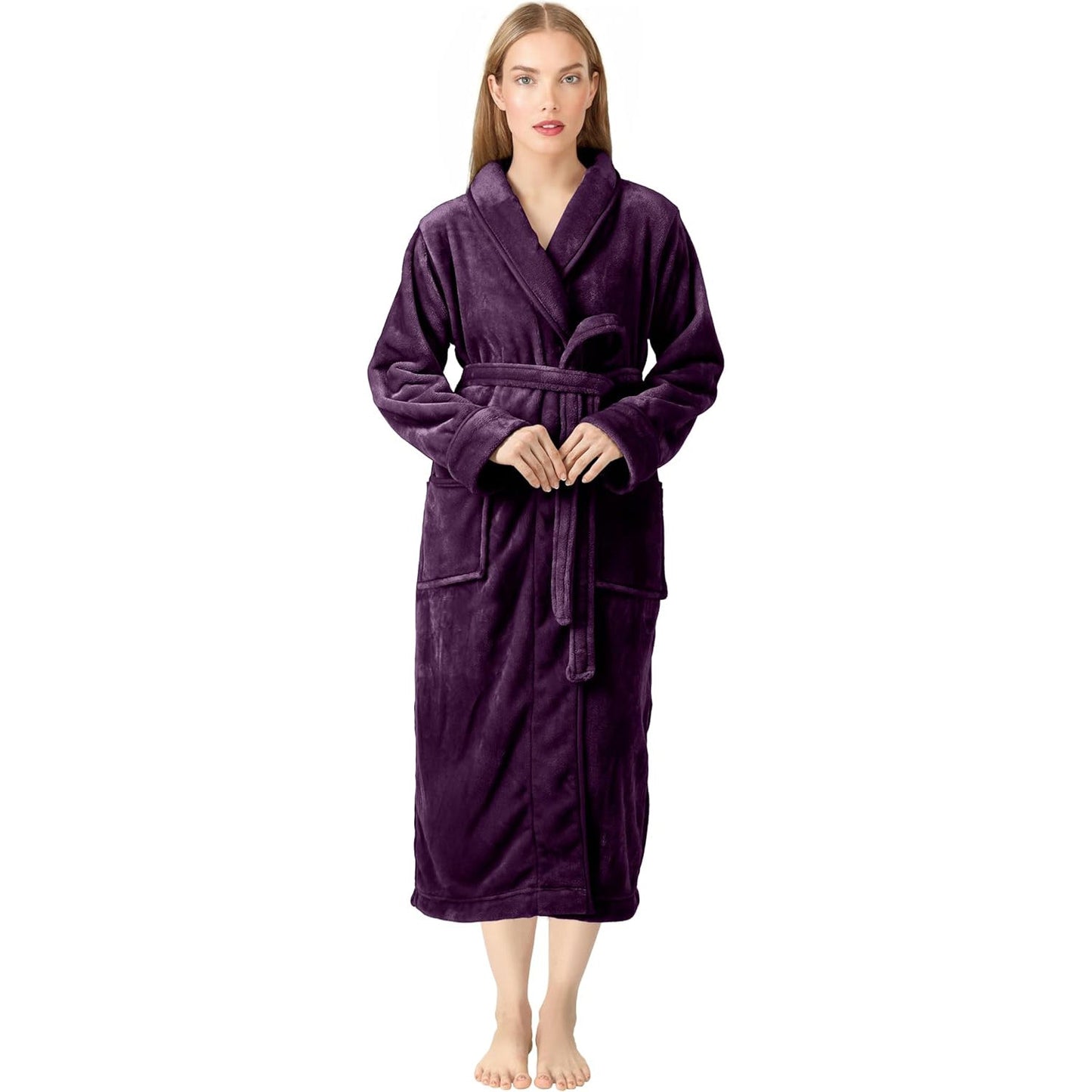 Premium Women's Plush Long Bathrobe - Soft Warm Fleece Robe with Shawl Collar for Spa & Home