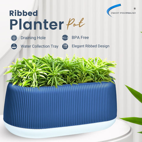 Rectangular Flower Pot - Stylish Ribbed Design with Drainage Hole, Rubber Plug, Water Collection Tray