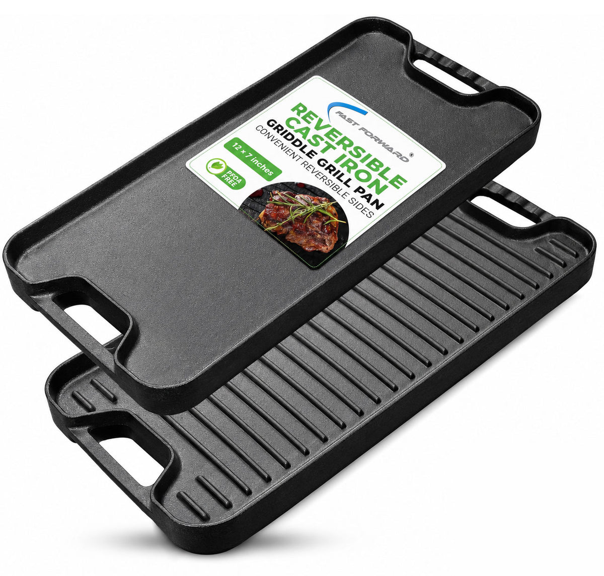 Pre-Seasoned Cast Iron Reversible Grill & Griddle Pan 12 x 7 Inch, Even Heat Pan for Steak, BBQ, Roti, Dosa & Breakfast