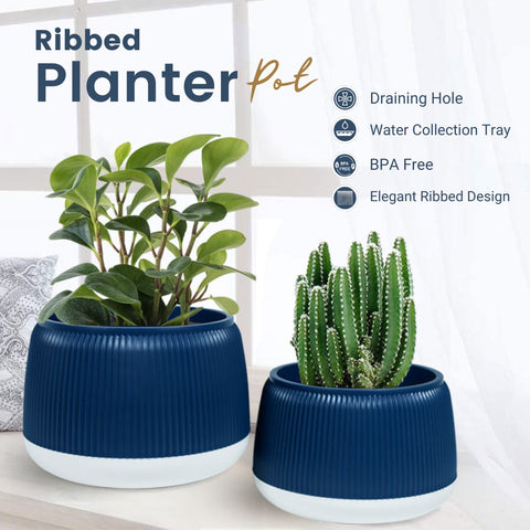 Round Flower Pot – Elegant Ribbed Design with Drainage, Water Tray & Rubber Plug for Indoor/Outdoor Plants