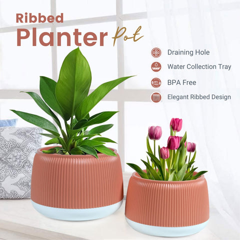 Round Flower Pot – Elegant Ribbed Design with Drainage, Water Tray & Rubber Plug for Indoor/Outdoor Plants