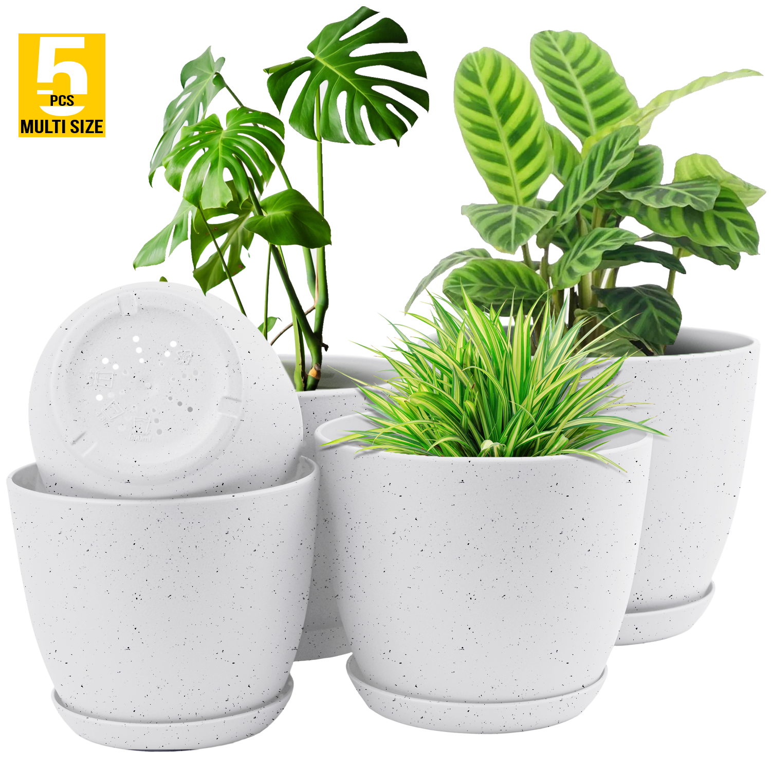 5pcs Modern Plastic Flower Pot Set with Drainage Holes and Trays for Indoor/Outdoor Plants.