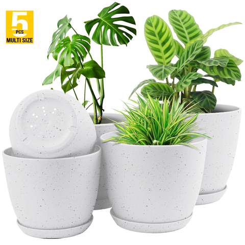 5pcs Plastic Flower Pot Set, 5 Sets Of 7/6.6/6/5.3/4.8 Inch Modern Style Plastic Flower Pot With Drainage Holes And Trays For Indoor And Outdoor Potted Plants, Such As Succulent, Snake Plant, Violets, Etc