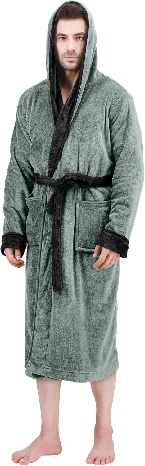 Bathrobes For Men Fleece Hooded Dressing Gown Super Soft Cozy Hooded Plush Loungewear
