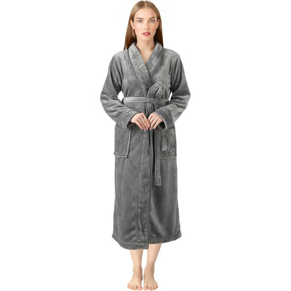 Premium Women's Plush Long Bathrobe - Soft Warm Fleece Robe with Shawl Collar for Spa & Home