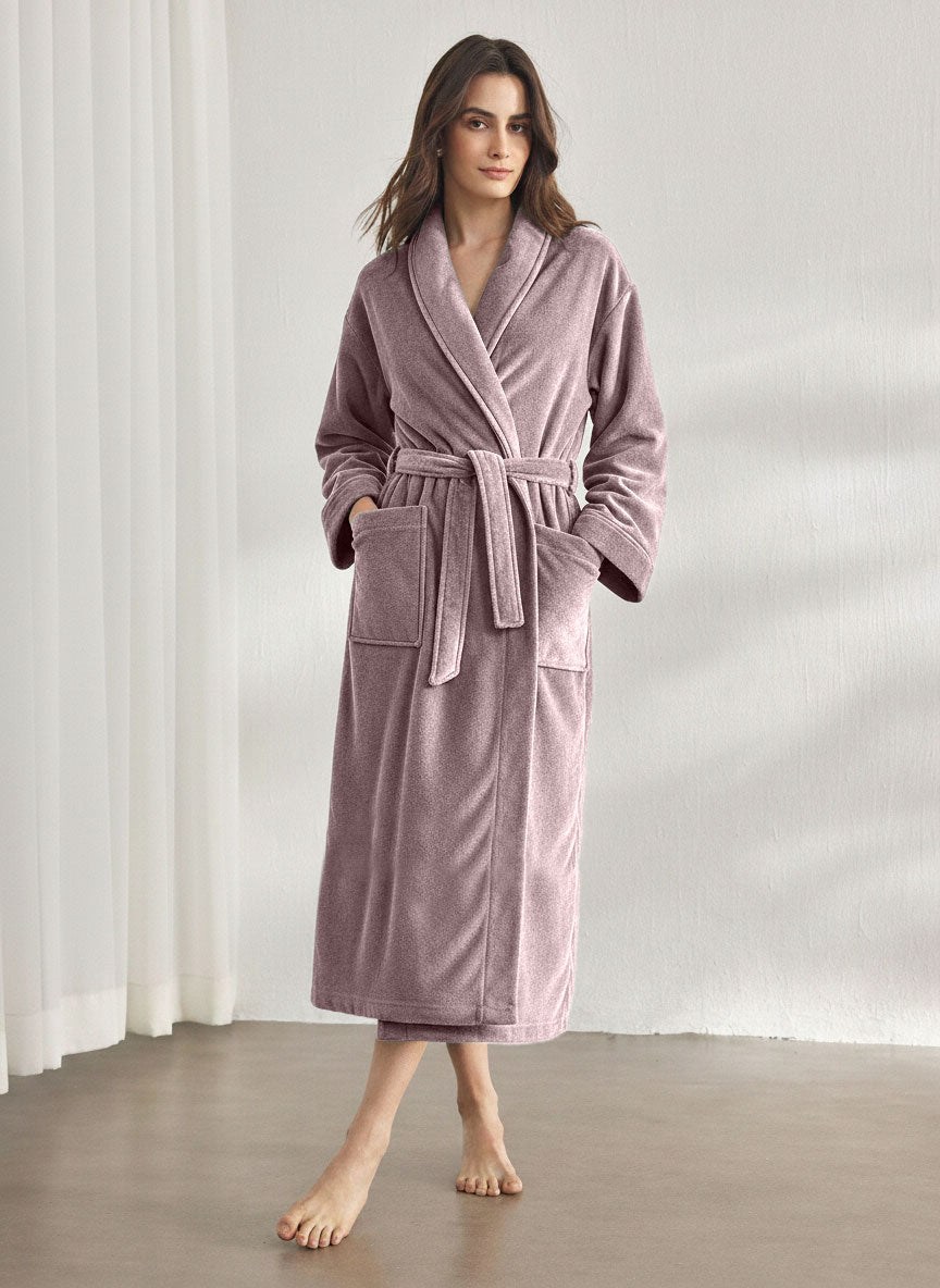 Premium Women's Plush Long Bathrobe - Soft Warm Fleece Robe with Shawl Collar for Spa & Home