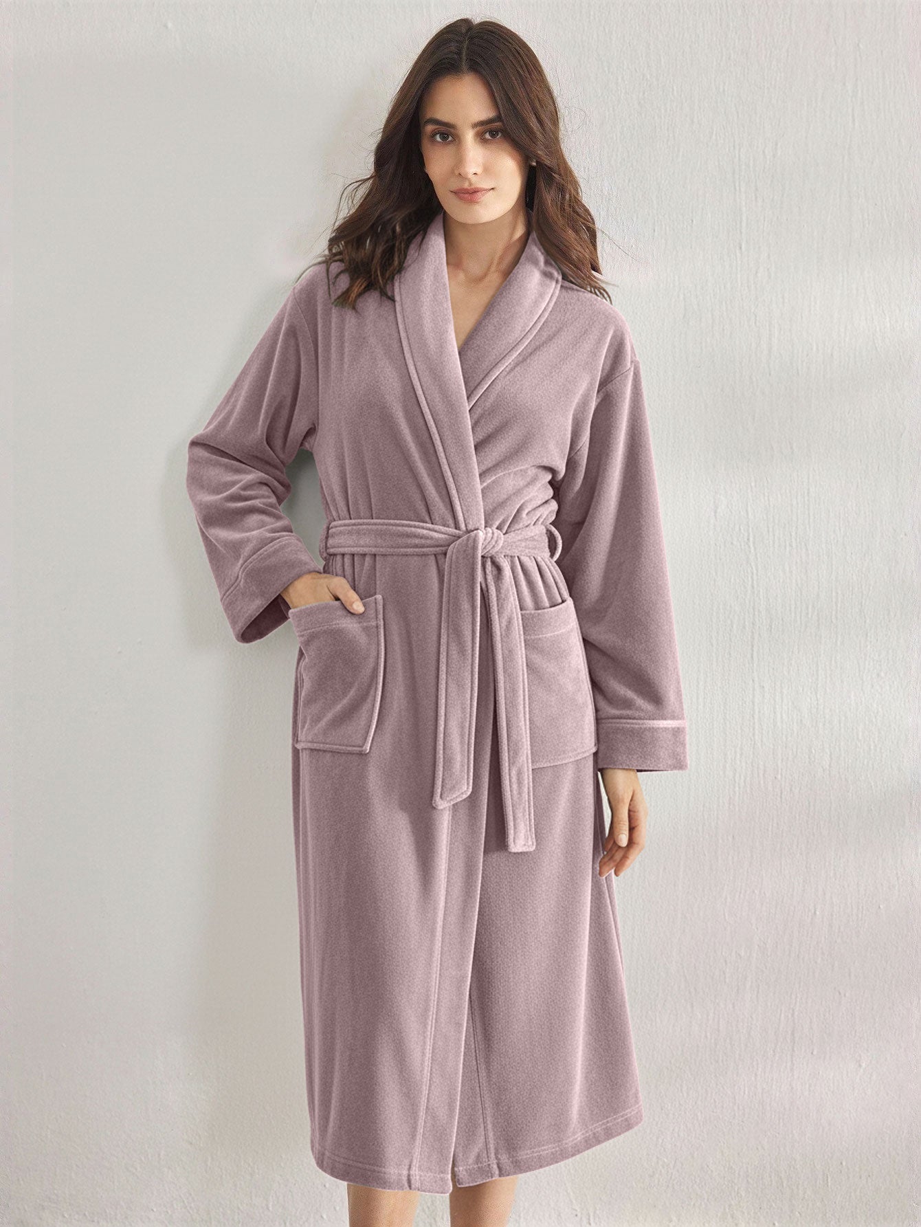 Premium Women's Plush Long Bathrobe - Soft Warm Fleece Robe with Shawl Collar for Spa & Home