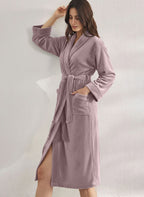 Premium Women's Plush Long Bathrobe - Soft Warm Fleece Robe with Shawl Collar for Spa & Home