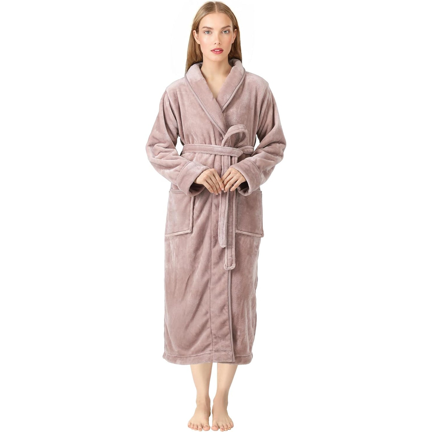Premium Women's Plush Long Bathrobe - Soft Warm Fleece Robe with Shawl Collar for Spa & Home