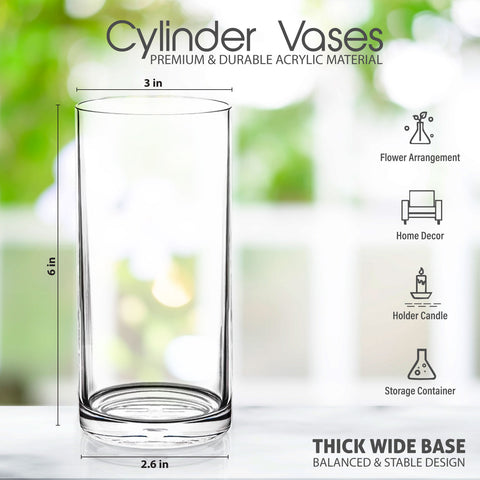 Elegant 6-Inch Plastic Acrylic Cylinder Vases - Clear Centerpieces for Weddings, Parties,Floating Candles & Versatile Home Decor