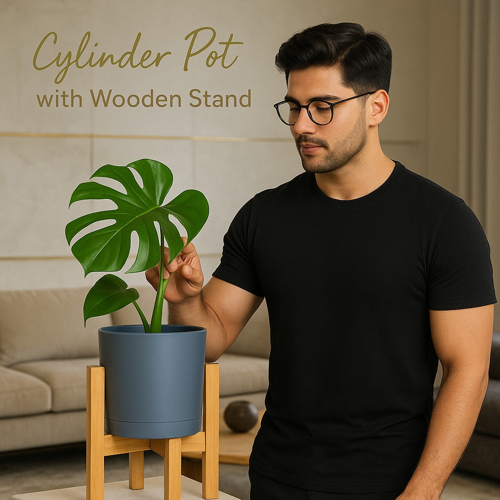 Cylinder Planter with Wooden Stand - without plants Fast Forward