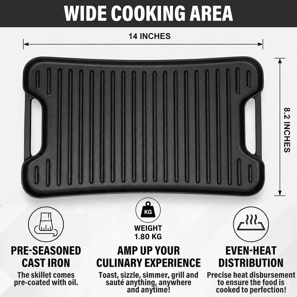 Pre-Seasoned Cast Iron Reversible Grill & Griddle Pan – Even Heat Distribution, 14 X 8.2 Inch