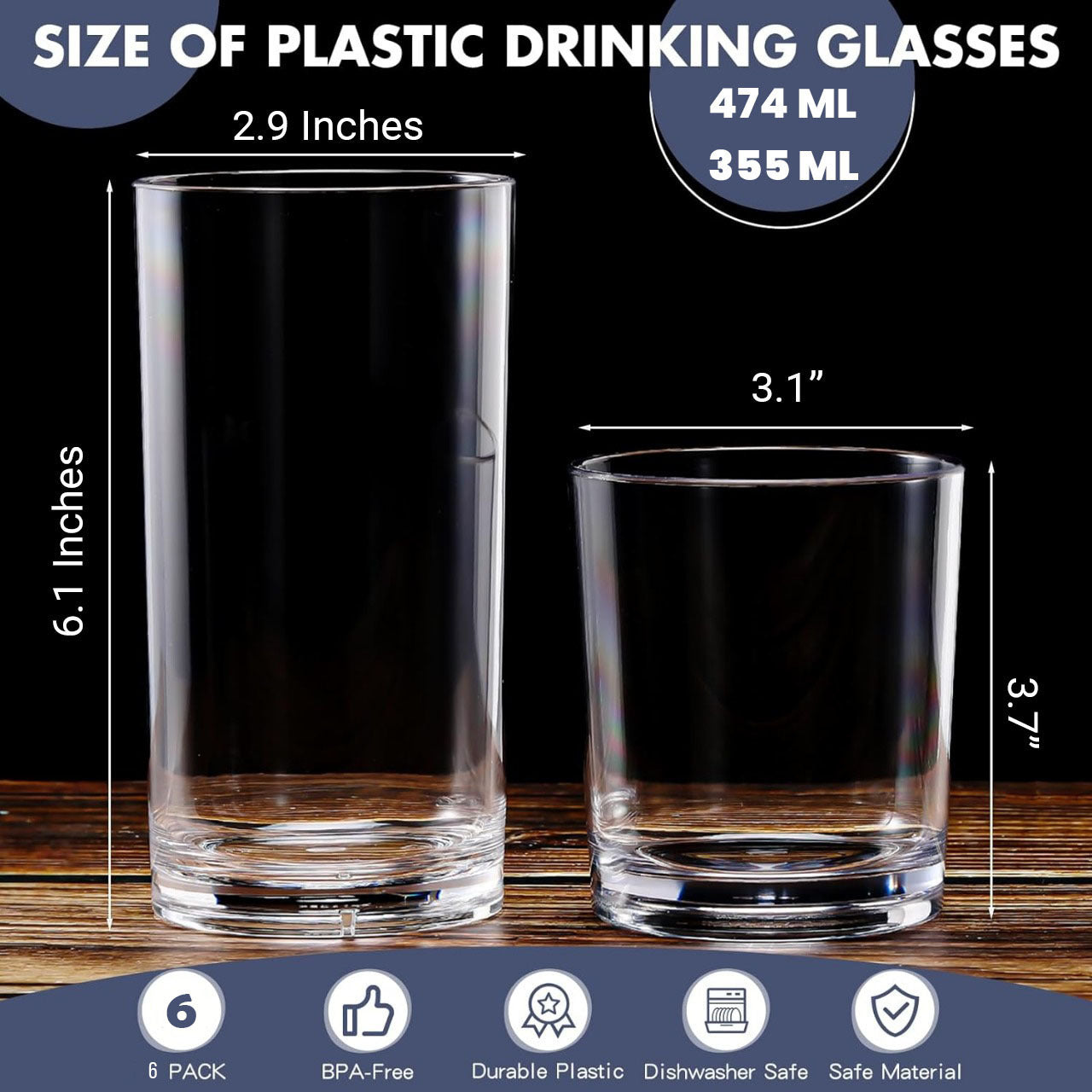 Fast Forward Unbreakable Plastic Tumblers (Set of 6) - BPA-Free Acrylic Glasses for Home & Outdoors - Stackable, Reusable, Lead-Free, and Dishwasher Safe - Clear Plastic Drinking Glasses (355ml & 474ml) Fast Forward